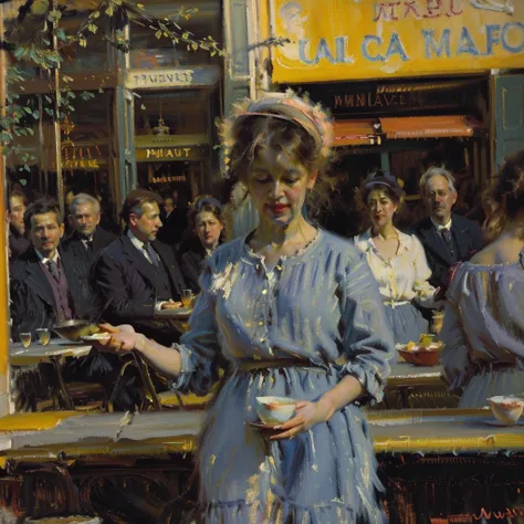 Create an impressionist-style oil painting of a lively café scene in Paris, bustling with patrons and street performers. Use loose, visible brushstrokes and a bright color palette with contrasting deep shadows. Incorporate the alla prima technique to conve...