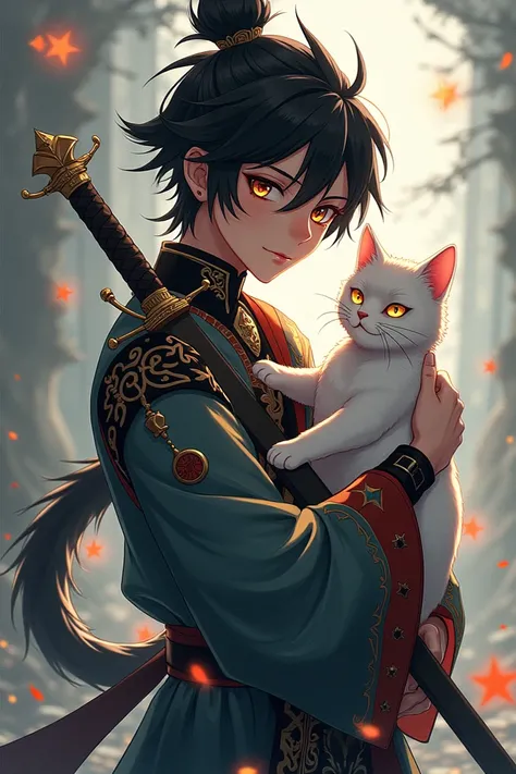  Anime character with a cat in his arms and a sword in his hand,  a character portrait of Puru , pixiv, Self-destructive art, keqing de Genshin impact, personaje de Genshin impact, Genshin impa ct, Genshin, ayaka Genshin imp acto, zhongli de Genshin impa c...