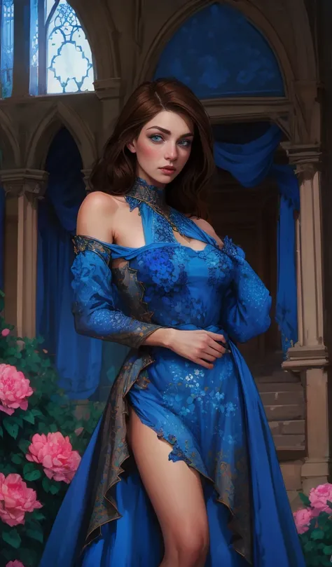 NSFW dark fantasy, girl, charming, with brown hair, blue eyes, in a blue dress, open shoulders, patterns on fabric, castle, flowers, peonies.