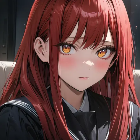 1female, schoolgirl, ((sad expression)), ((long red hair:1.4)), yellow eyes, long eyelashes, large breasts, black seifuku, (in a meeting room), (half-body image:1.3), masterpiece, ultra HD, anime style, (my hero academia art style)