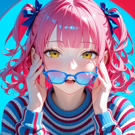 close up mouth, (blue-frame eyewear:1.3), [open mouth:0.5], light smile, blush, hands on own face, Beautiful mature woman, yellow eyes, half closed eyes, (pink hair:1.3),  blunt bangs, medium short hair, wavy hair, (two side up:1.2), stripe sweater, large ...