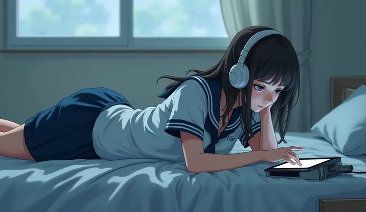 machine、Barely、Bed Phone、uniform、A girl is wearing headphones、 Listening to music