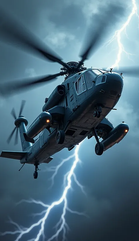 Helicopter militery is and has a powerful Lion huge To jump ,color majestically Black  Silver blue white  Silver ligthing storm Stund up. 