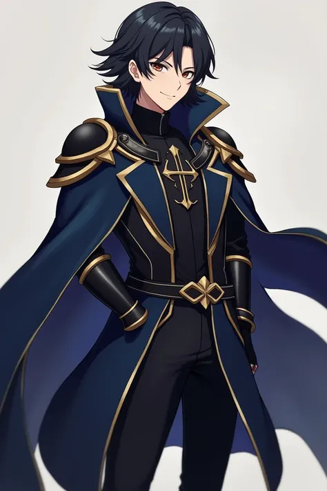 Antagonist 21 year old anime boy wearing a navy blue tunic with black details on a black shirt with pieces of black armor with gold trim, dark long pants and black boots and black hair while smiling warmly 