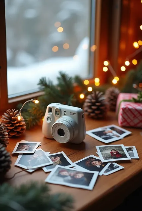 A rustic wooden table decorated with holiday elements like pinecones, string lights, and a wrapped gift box. In the center lies the RetroSnap Mini Camera, surrounded by printed photos capturing magical holiday moments: a snowman, a decorated house, and a c...