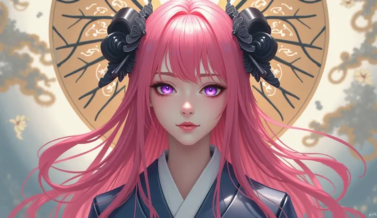 Yae Miko, Pink Hair, Purple eyes, Shitao art style