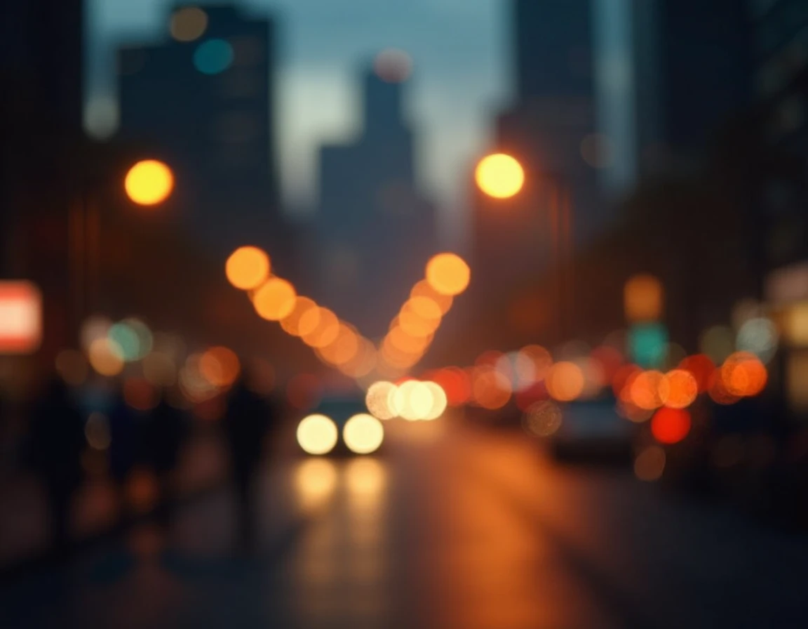 blurred cityscape, bokeh lights, urban night scene, soft focus, warm glow, atmospheric, dreamy, ethereal, street lights, out of focus, abstract urban background, city ambiance, evening mood, defocused photography, golden hour, city nightlife
