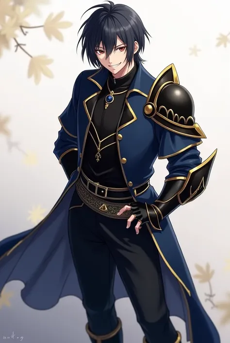 Antagonist 21 year old anime boy wearing a navy blue tunic with black details on a black shirt with pieces of black armor with gold trim, dark long pants and black boots and black hair while smiling warmly 