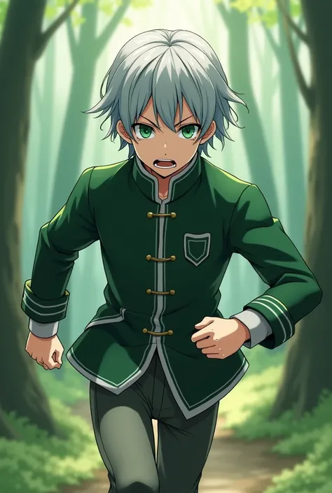 Has an otto, from re zero, average height, short and straight silver-gray hair, with bangs that fall lightly over his forehead, large and splendid emerald green eyes, often showing his furious eyes, in contrast to his cautious personality, his skin is clea...