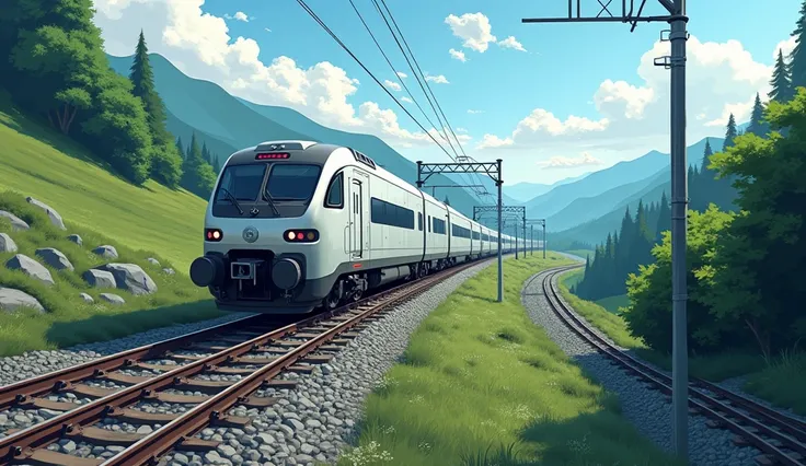 There is a train running on the tracks, (it is approaching at full speed), view over the train tracks, highly detailed, lofi art, detailed view - width 672, detailed scenery, beautiful landscape, made with anime painter studio, background artwork, UHD 4K