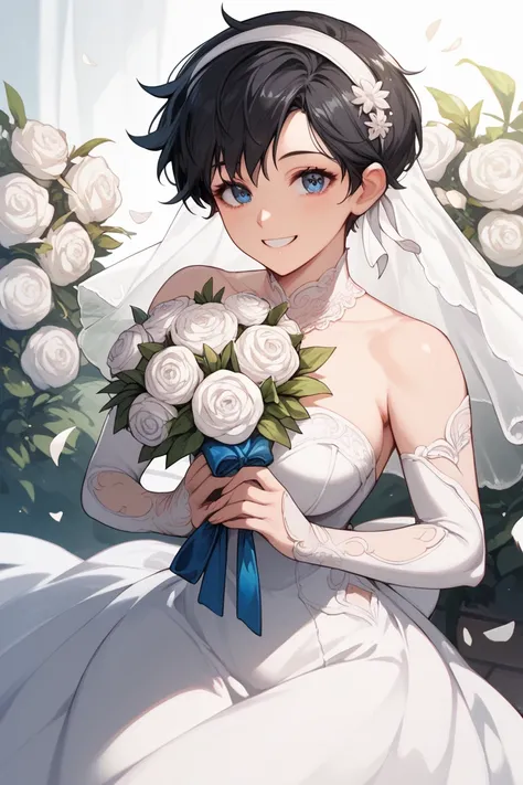  1woman, blue eyes, short black pixie style hair, white headband,Black hair,Anime style, white wedding dress,Long sleeve, long white dress,Smiling, happy, sexy ,Curvy body Holding a bouquet of flowers