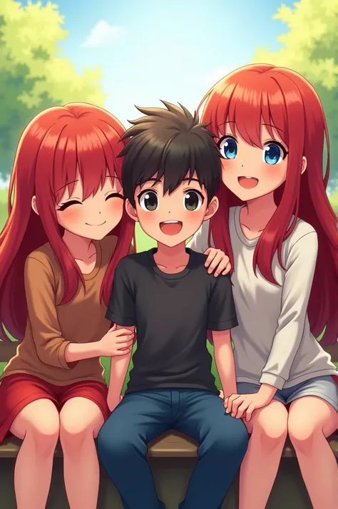  Give me the animated style image ,  of a boy with short black hair and black eyes , At their sides two girls ,  both with long red hair and blue eyes ,  all three are seated and the two girls are leaning on the boys man