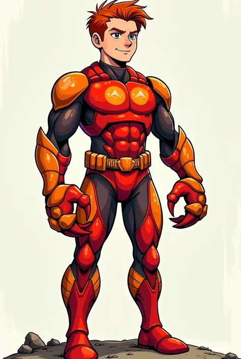 Create a comic book style superhero drawing. The drawing is of an 18-year-old boy, tall, thin, red-haired with crab powers, and his uniform is red and orange armor with symbols that resemble the figure of the crab.