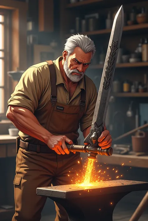 Father in brown clothes and holding a hammer is making an anime iron sword