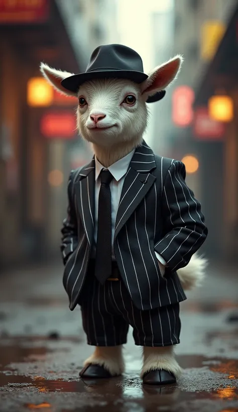 A mini goat dressed as a gangster