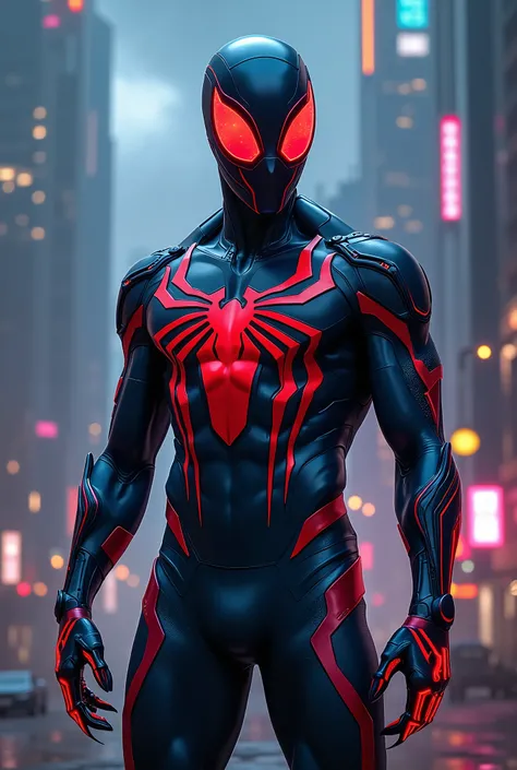 A futuristic superhero with an athletic build, wearing a sleek metallic blue bodysuit that appears almost black in low light. The suit features a bold red spider emblem that spreads across the chest, with jagged, talon-like extensions reaching onto the sho...