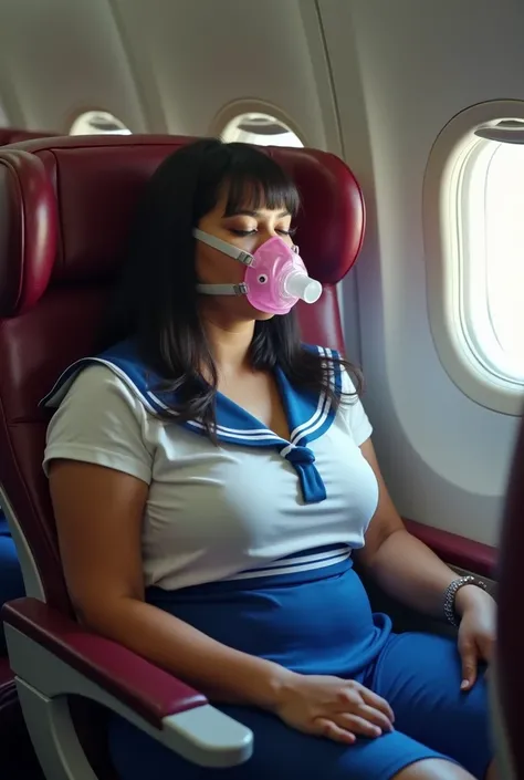 film still of three 30yo curvy cute dark-skinned women, wearing sailorsuits, holding hands, viewed at a side angle. a sleeping beautiful busty feminine buxom voluptuous tamil plus-size softball player, breathing through a translucent pink oxygen mask with ...