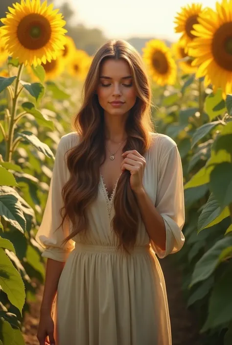 A Christian woman braiding her back 
in a garden full of sunflowers 