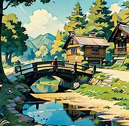 (masterpiece:1.2,  best quality),( Very detailed),8k, wallpaper,Pastoral idyll,((cute，beautiful，Baby kitsune:1.3)),Rural landscape、natural beauty、(Ghibli Style)