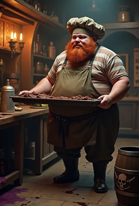    Big and burly 40-year-old kitchen chef   , obese. redhead,    redondo, red face  ,    very large cheeks   ,  plump nose   .    He wears a chefs hat   .    A t-shirt with thick horizontal white and red stripes that dont cover his big belly   .  He wears ...