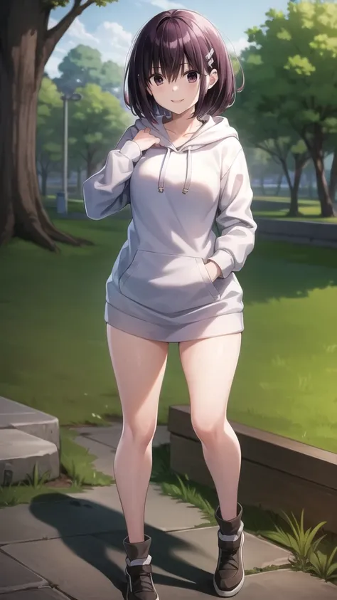 masterpiece, best quality, absurdres, perfect anatomy, 1girl, solo, Kanade Suzu, short hair, hairclip, drawstring, white hoodie, smile, 