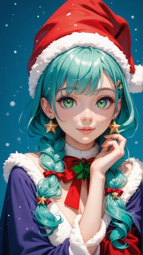  Christmas Vibes、A girl in a wizards costume、Fun expression、 cute、 beautiful eyes、 hairstyle is bob、yellow-green and blue gradient background。