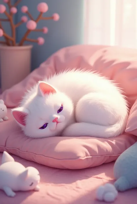  A cute white cat with purple eyes is snoring on a soft pillow,  pastel colors .. homey atmosphere 