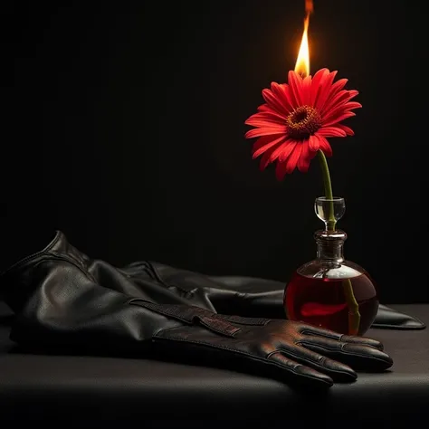  a black leather garment , Tripe, perfume, Black glove,  a red flower on fire,  black background, everything on the ground , fixed