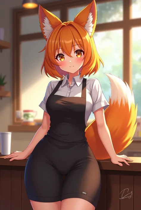 A furry anime fox girl in a coffee shop uniform with big boobs