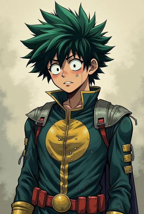 IZUKU MIDORIYA FROM THE ANIME MY HERO ACADEMIA IN JAPANESE MANGA STYLE SAD AND IN POOR CONDITION