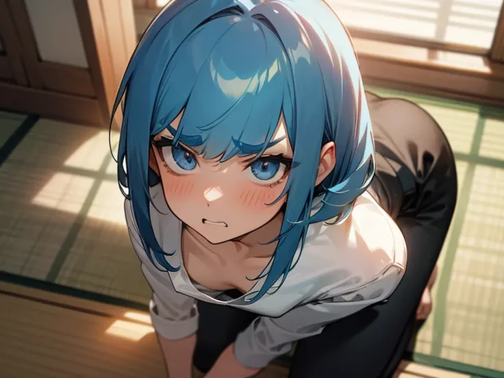  high definition , One Man, slender, short, blue eyes,  short bob, sideburns are a little long,Diagonal bangs,  blue hair , full of bangs,  split bangs,Slanted Eyes, Slightly thick eyebrows, anatomically correct,masterpiece,  best quality,  white shirt, bl...