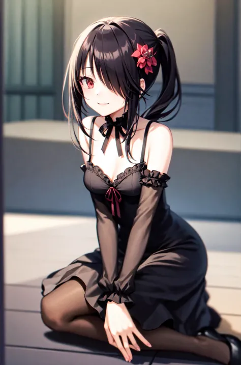 1 Girl,  unique , Kneel down, constellation, 
cc Hulumi , Long hair, Low double ponytail, Hair Flower,  with hair on one eye, Hairpin, Gothic,  black dress , ribbon, pantyhose, 
slippers, 
Sitting,  Smile,  looking at the audience, 
Lean forward, 
Indoors,...