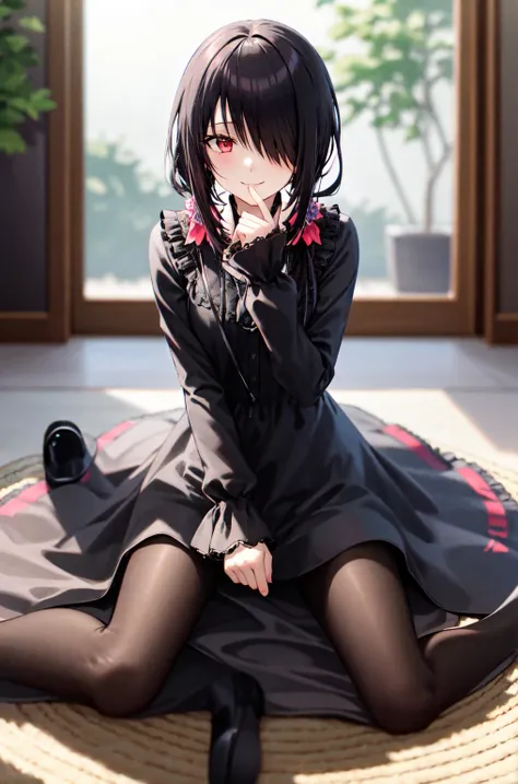 1 Girl,  unique , Kneel down, constellation, 
cc Hulumi , Long hair, Low double ponytail, Hair Flower,  with hair on one eye, Hairpin, Gothic,  black dress , ribbon, pantyhose, 
slippers, 
Sitting,  Smile,  looking at the audience, 
Lean forward, 
Indoors,...