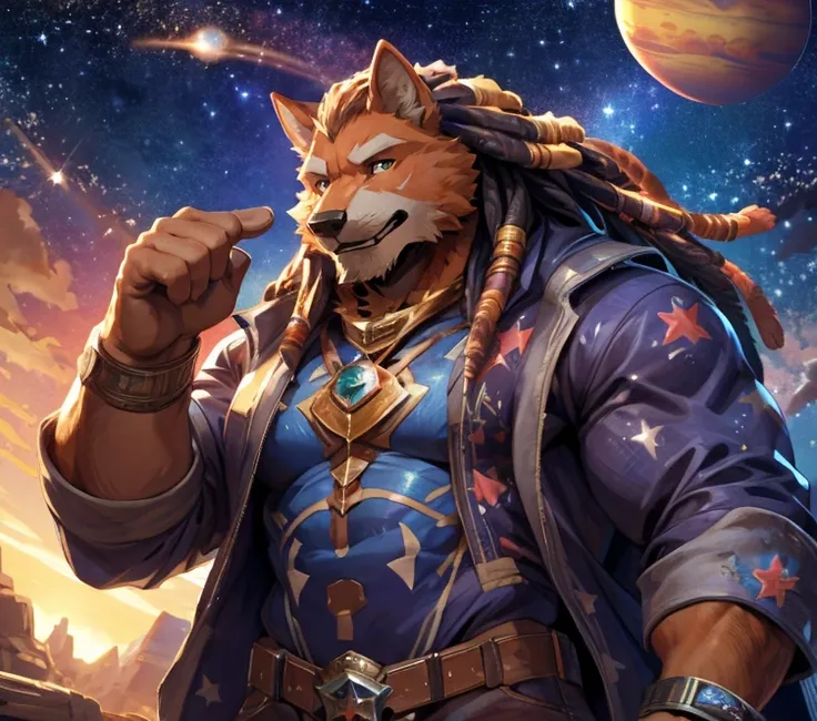 masterpiece,high quality,anime,detailed eyes,furry male orange Wolf, Blaidd, Great physique,strong arms manly, in Outer space, show some planets around, Star Pajama suit, (Sunset), Shimmering Stars, Surrounded by colorful stars, Joyful, by null-ghost,by pi...