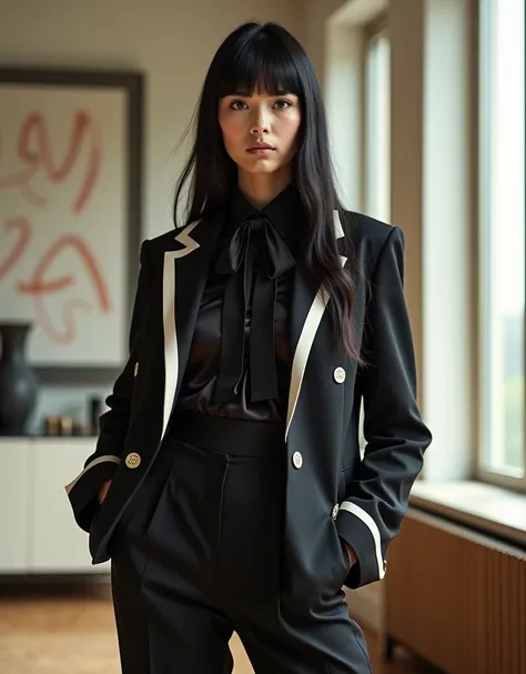 editorial photography, super detailed background, super realistic, double exposure, depth of field, beauty vibes, soft focus tone, super long straight black hair, heavy bangs, wearing an elegant and modern Gucci tailored blazer with contrasting white lapel...