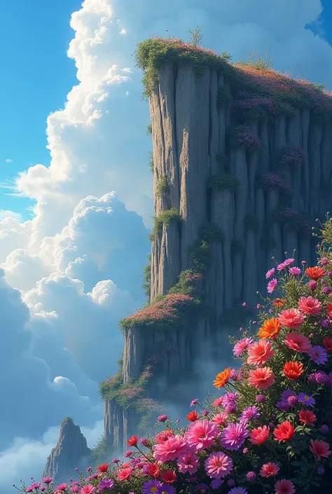 a cliff many flowers,  colorful flowers , beautiful sky, matte painting 8K, 8K Dark Ink, 8k vertical wallpaper, 8k vertical wallpaper, 4k vertical wallpaper, 4k vertical wallpaper, lost series,  realistic fantasy rendering, Digital painting with 8k resolut...