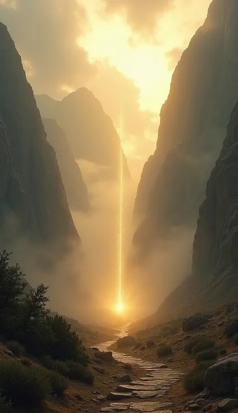 A mysterious scene on Mount Nebo, showing a rugged mountain landscape shrouded in soft mist, with golden sunlight breaking through the clouds. The setting feels sacred and enigmatic, as the focus centers on an unseen burial place hidden within the rocky te...