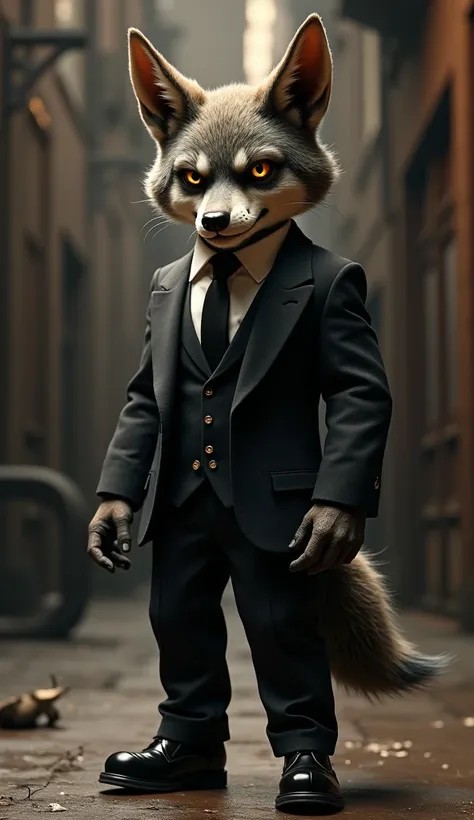 A mini wolf dressed as a gangster