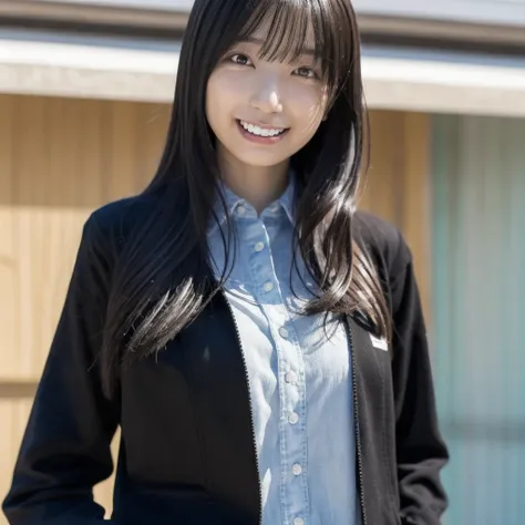  a single Japanese woman with long dark hair , Wear an office casual black jacket, She is standing confidently in a well-lit area, Realistic Settings. 彼女teethシーンで唯一の人です, There are no other figures or distractions. 彼女teeth豊満な体型で楽しそうに笑っている. シーンteeth自然でリアル, I...