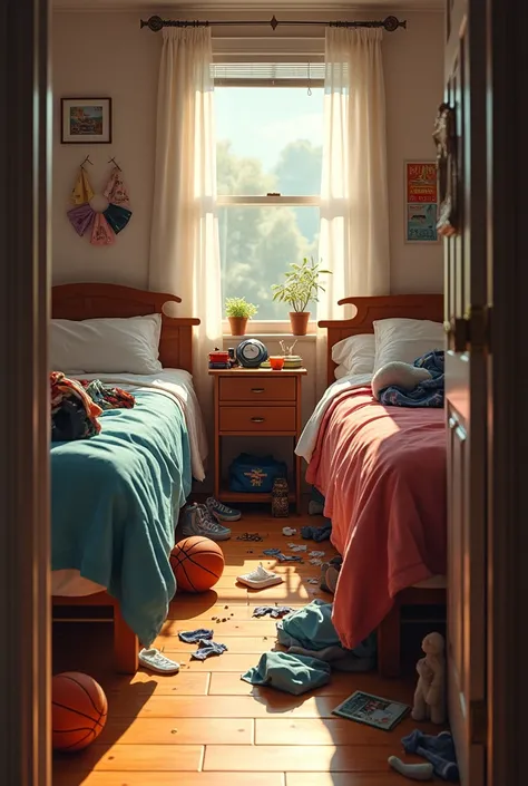 Room where teenagers sleep: one bed with clothes in the bed and untidy and the other bed in order, the floor is made of wood and decorated with basketball, the photo was taken from the door..
