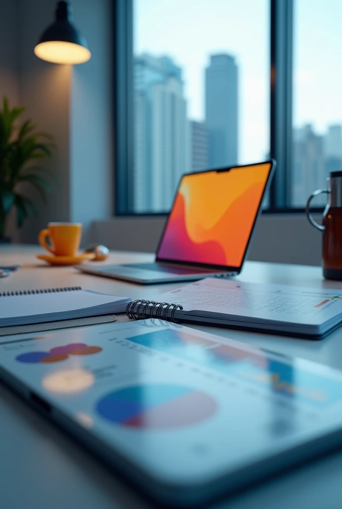 A neatly organized desk in a bright, modern workspace. The desk features an open laptop displaying a business analytics dashboard with charts on revenue growth, market segmentation, and profitability. Alongside are a tablet showing a project timeline, an o...