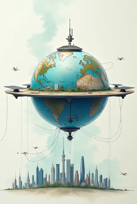 create a sphere /drone (small)  drawing that cleans contaminated air and turns it into breathable air,  to help with the pollution of a city ,  indicating the functionality of each part ,  it is also made of sustainable materials ,  and recharged using sma...