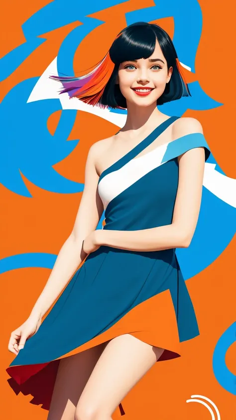  Create a dancing funny happy sweet cute breathtaking flat illustration of a realistic female character with a black bob cut, striking blue eyes, and red lips. She is wearing a dress featuring an orange ruffle off-the-shoulder top, showcasing her bare shou...