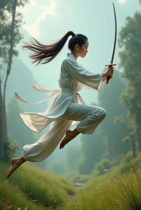 realistic, cinematic, Close-up, a beautiful Indonesian woman is playing sword moves while jumping in the air with a background of grass, trees and clouds. He wore a white karate costume. She had white skin and long, black hair that was tied up.