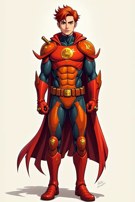 Create a DC comics-style superhero drawing. The drawing is of an 18-year-old boy, tall, thin, red-haired with crab powers, and his uniform is red and orange armor with symbols that resemble the figure of the crab.