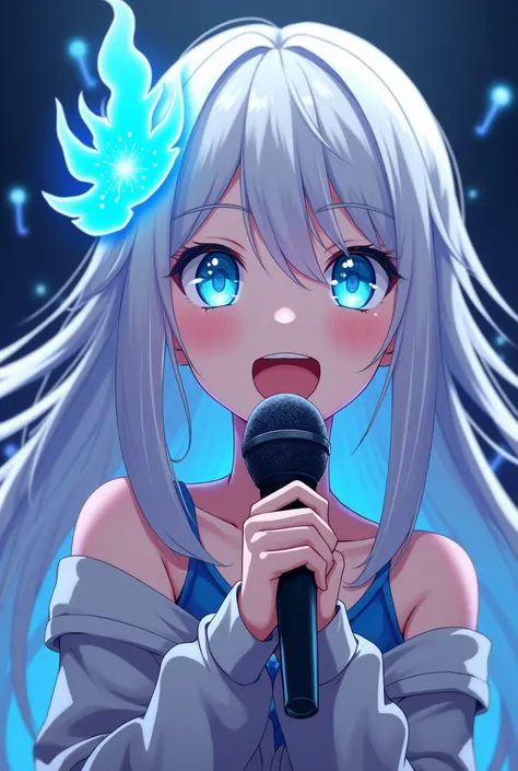 (epic) (anime) (idol) close up image of a woman (aged 17) in the style of an idol, long white hair with a flaming hair clip (bright blue), her hand holding a microphone, her eyes cyan, her mouth open while singing a song. add a dark background with sparkli...