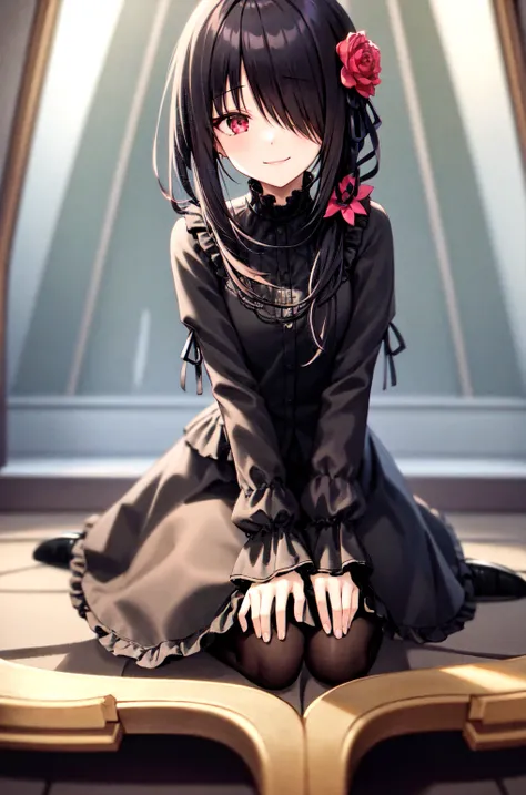 1 Girl,  unique , Kneel down, constellation, 
cc Hulumi , Long hair, Low double ponytail, Hair Flower,  with hair on one eye, Hairpin, Gothic,  black dress , ribbon, pantyhose, 
slippers, 
Sitting,  Smile,  looking at the audience, 
Lean forward, 
Indoors,...