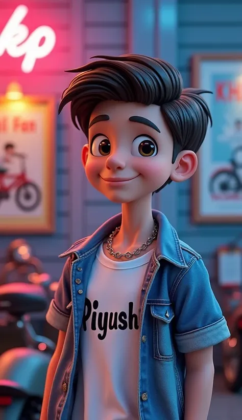 A surreal 3d Disney character, A boy wearing a white tshirt "Piyush", "Kohli Fan" Is written on the white tshirt, plastic transperant denim jacket, with silver chain of bike, bike posters in background (neon)