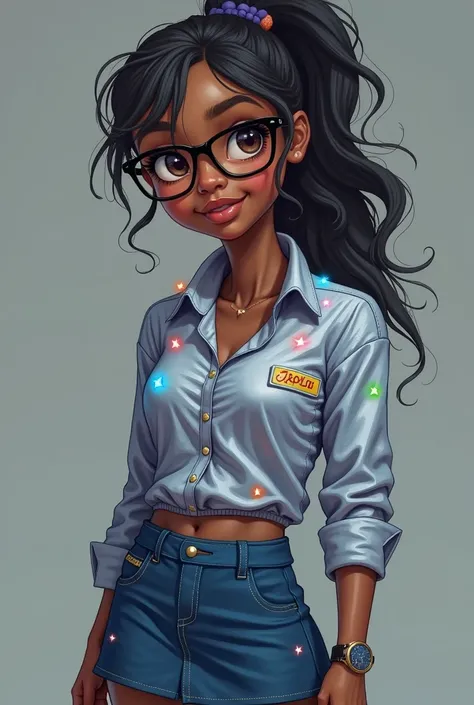  1 girl has dark skin ,  small breasts, Wear thick rimmed glasses that highlight facial features, Wear a ,  ponytail and gray , Silver shirt ,  , ，The details are reminiscent of stars and planets from outer space in bright colors,  underneath the shirt she...