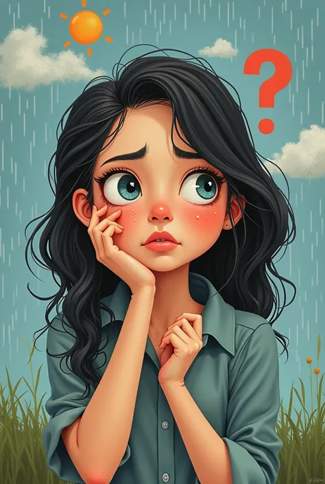  A girl with a confused question mark where sometimes there are bad days other good days , with rain, with sun,  different paths to take , Decisions ,  someday the rainbow comes ,  to hold back time ,  the mentality ,  the future of studying ,  faces of ha...